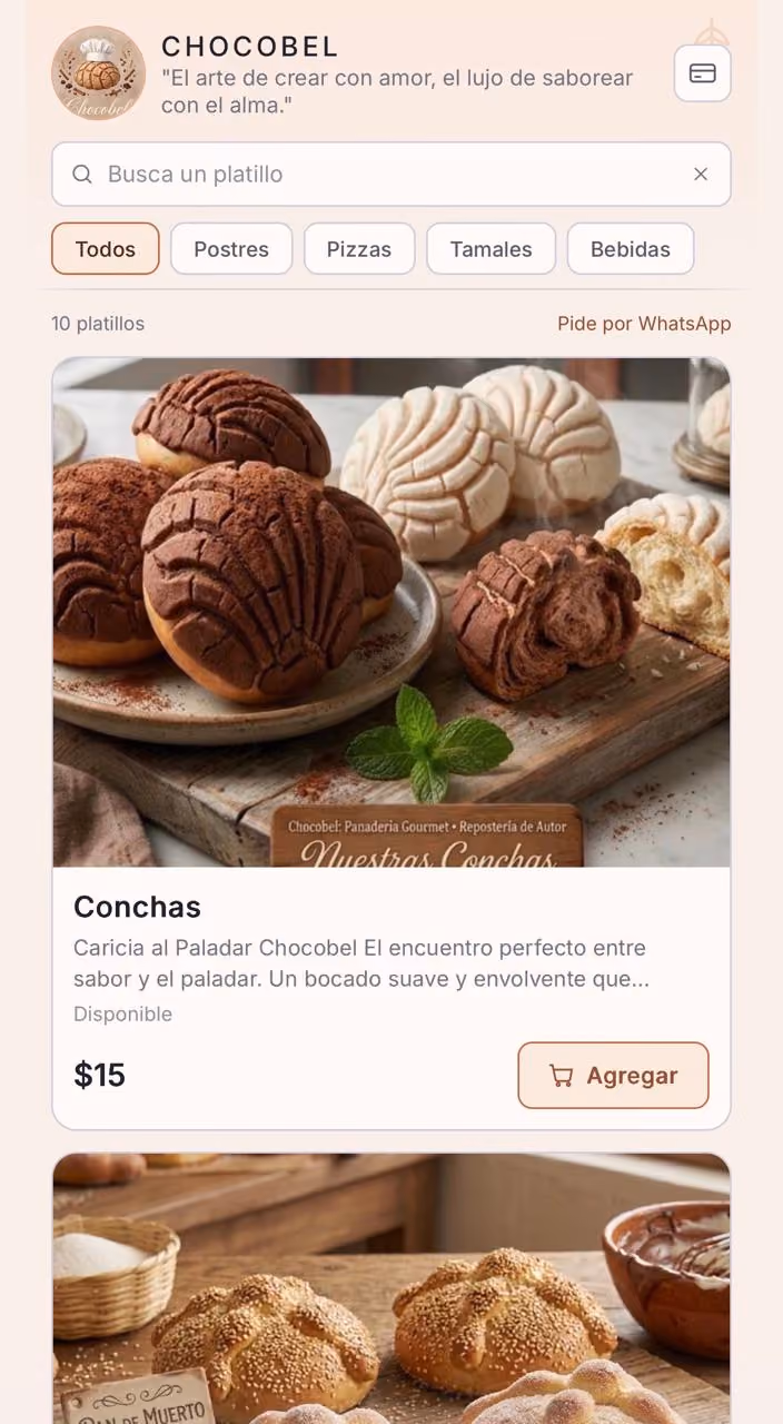Catálogo de la panadería ChocoBel: logotipo propio, colores cálidos y secciones de postres, pizzas, tamales y bebidas.